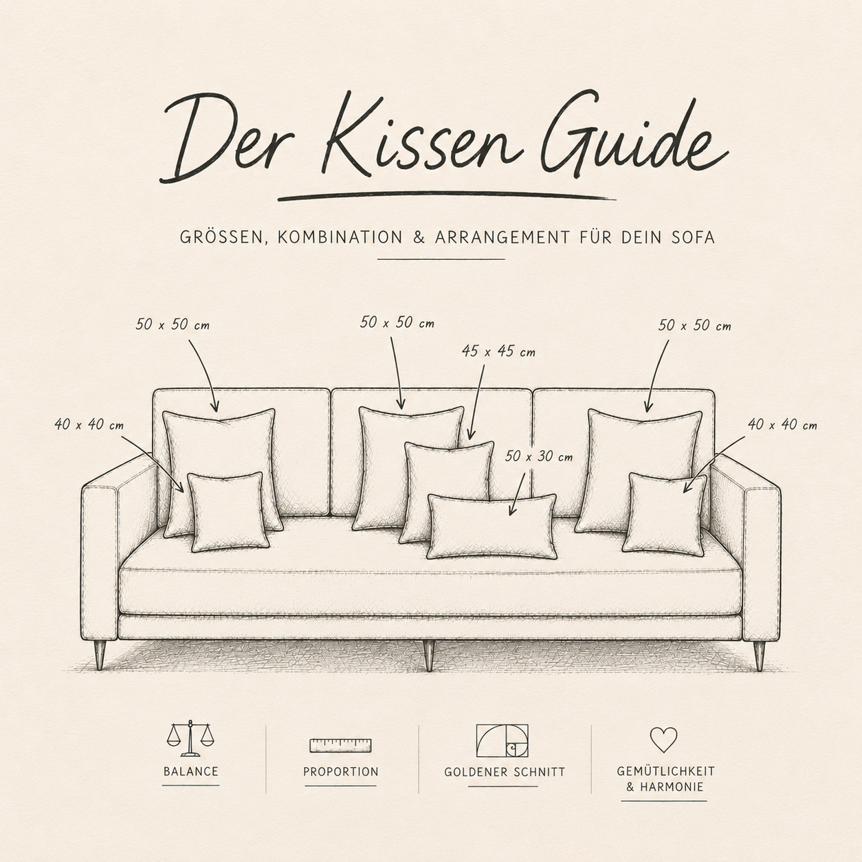 Handgezeichnete Illustration eines Sofas mit verschiedenen Kissenkombinationen und Größenangaben auf elfenbeinfarbenem Hintergrund. Editorial-Design zum another mondaen Kissen Guide für Sofa-Arrangement, Proportionen und harmonische Kissenkombinationen
