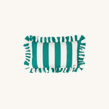 another mondaen Outdoor Kissen Erich Ruffled Charm Forest rechteckiges – gestreiftes Designkissen in Grün-Weiß mit handgefertigter Rüschenkante aus der VACANCES Kollektion