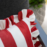 another mondaen Outdoor Kissen Ruffled Charm Forest auf Gartenlounge – rot-weiß gestreifte Designkissen für Terrasse und Garten aus der VACANCES Outdoor Kollektion