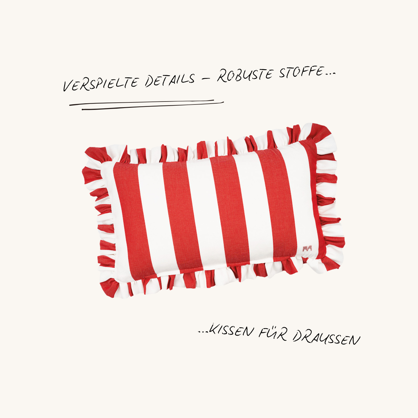 Rechteckiges Outdoor Kissen mit Rüschen in Rot und Weiß – gestreiftes Design aus der Ruffled Charm Kollektion von another mondaen