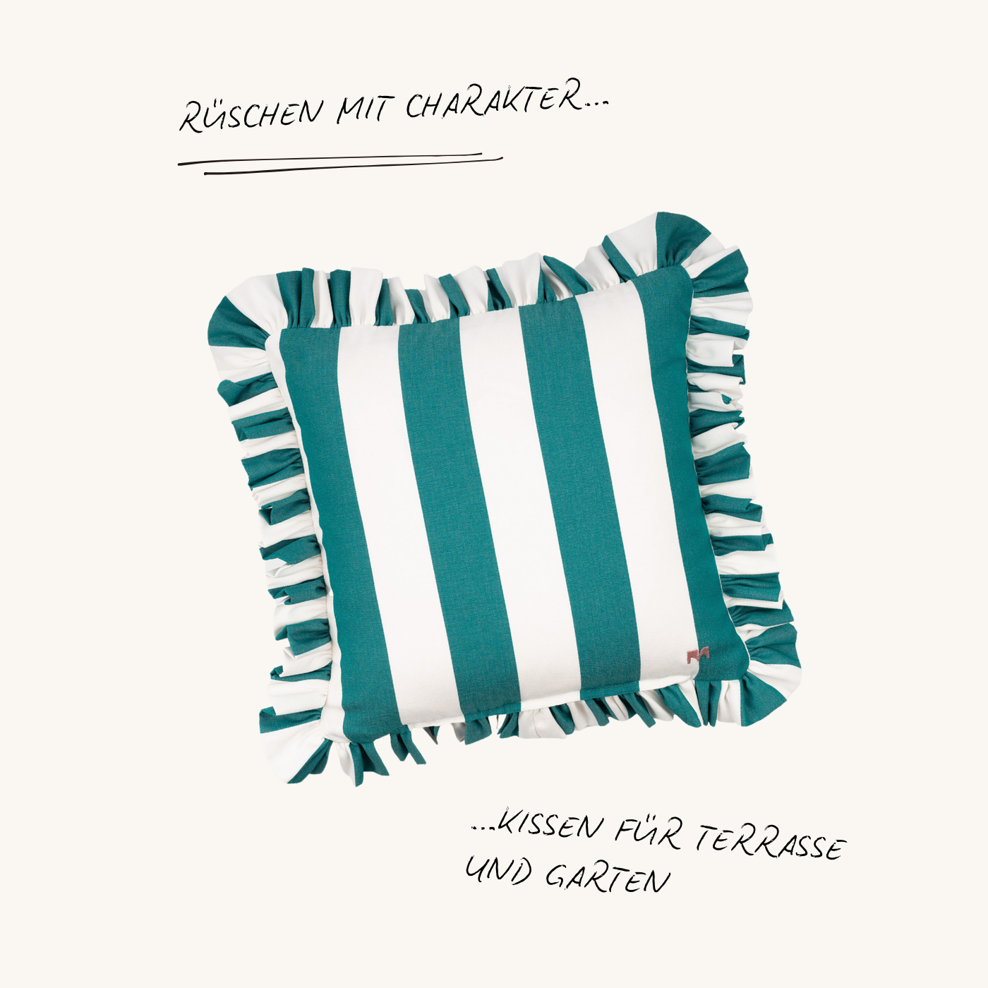 Rechteckiges Outdoor Kissen mit Rüschen in Grün und Weiß – gestreiftes Design aus der Ruffled Charm Kollektion von another mondaen