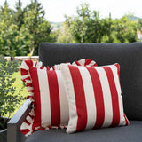 another mondaen Outdoor Kissen Classic Striped red quadratisch sowie ruffled Charm red quadratisch – gestreiftes Designkissen für Terrasse, Balkon und Garten