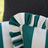 Detailaufnahme des another mondaen Outdoor Kissens Ruffled Charm Forest – grün-weiß gestreifter Outdoor Stoff mit handgefertigter Rüschenkante