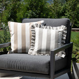 another mondaen Outdoor Kissen Classic Striped Taupe-Weiß und Ruffled Charm in grau-Weiß auf Gartenlounge – gestreifte Designkissen für Terrasse und Garten aus der VACANCES Kollektion
