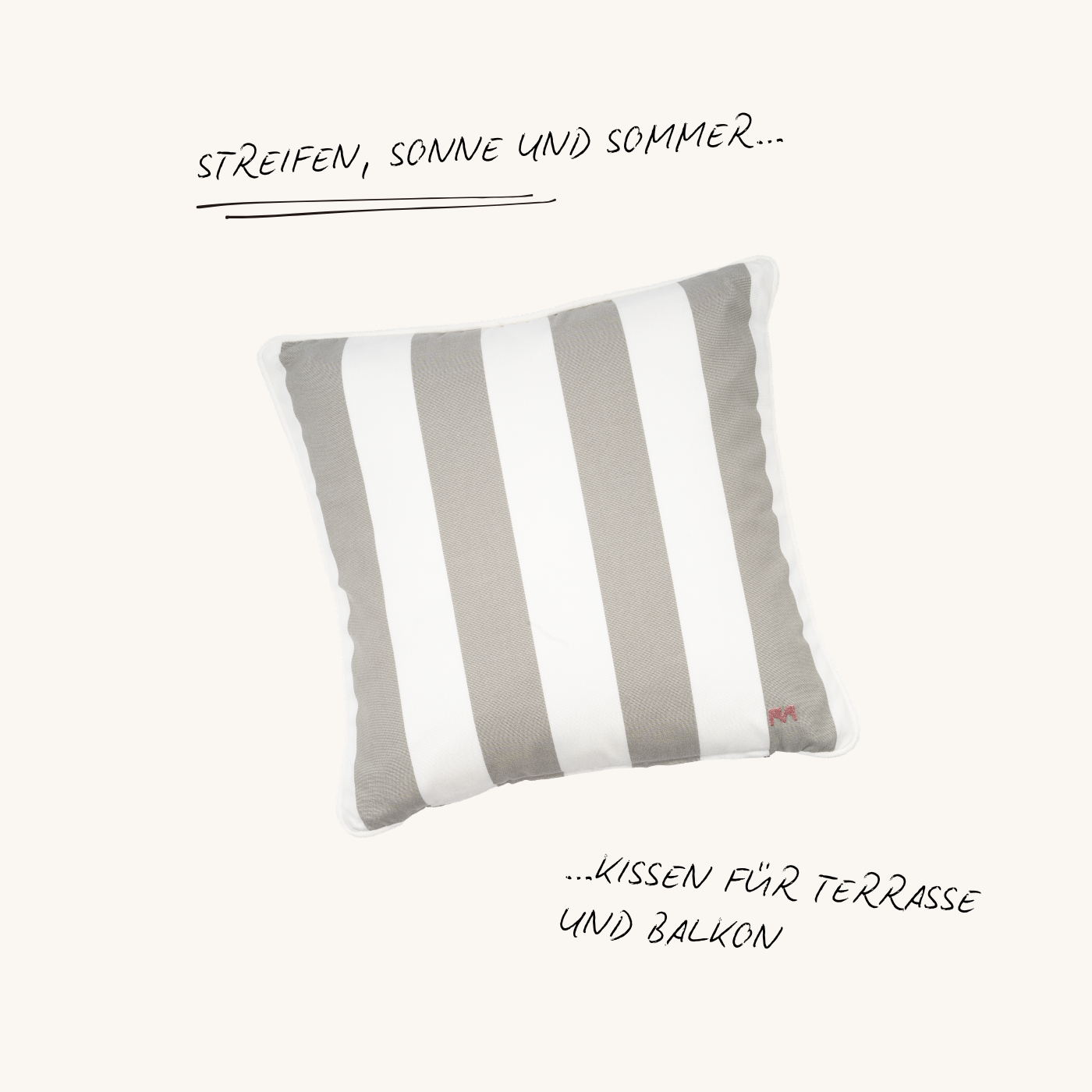 Outdoor Zierkissen Classic Stripes in Taupe und Weiß von another mondaen mit wetterfestem Stoff für Terrasse, Balkon und Garten