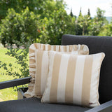 Outdoor Kissen Classic Striped beige und Ruffled Charm beige von another mondaen auf Gartenlounge – Designkissen für Terrasse und Balkon