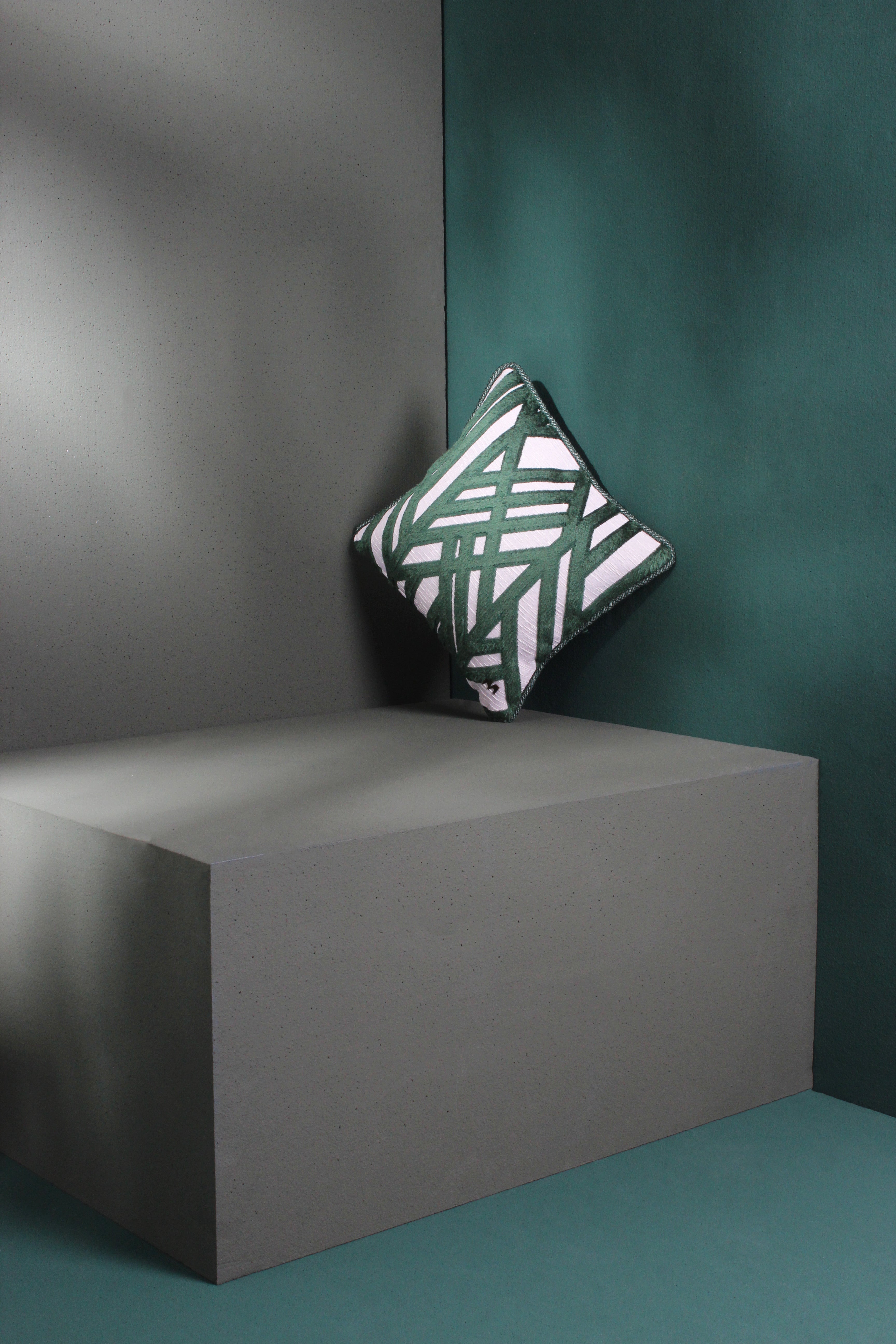 Geometrisches grünes Muster Kissen in monochromem Interior mit Sonnelicht 